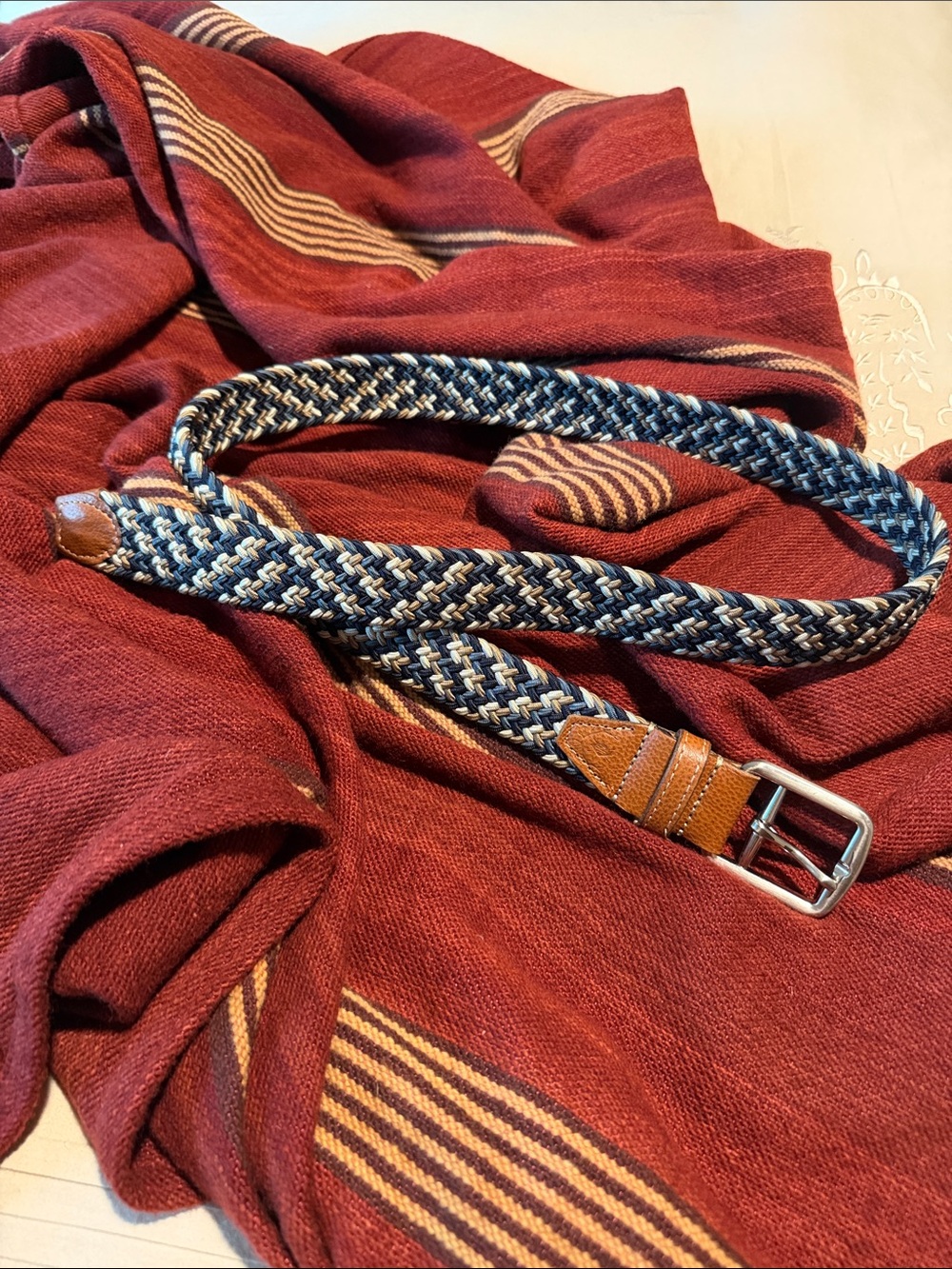 Martin Dingman Braided Navy and Tan Men's Stretch Belt - blue and tan